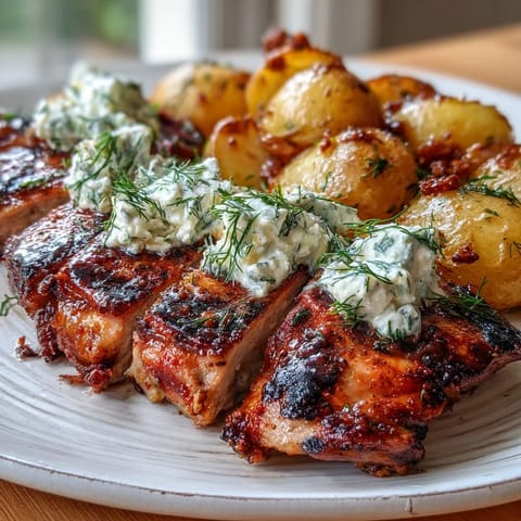 Juicy Spicy Yogurt Marinated Chicken with dill feta cream and crispy baby potatoes served fresh for a weeknight meal.
