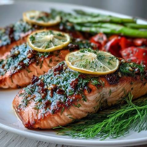 Golden baked Marry Me Salmon fillets garnished with fresh dill, served with roasted asparagus and lemon slices.