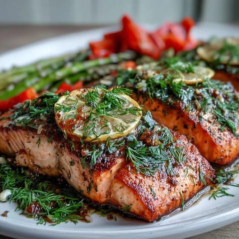 Fork-flaky Marry Me Salmon with a garlic and dill crust, resting next to charred bell peppers and lemon wedges.