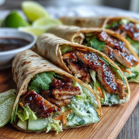 Sweet Chili Chicken Wraps mit goldbraunem Hähnchen und frischem Koriander auf Weizentortillas.