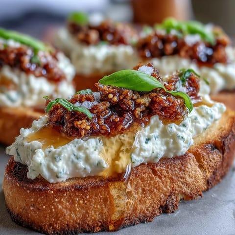 Goldene, knusprige Hot Honey Ricotta Bruschetta mit cremiger Füllung und Chili-Crunch-Topping.