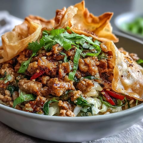 Frisch zubereitete Ranch Turkey & Veggie Egg Roll Bowls mit knackigen Wonton-Streifen und buntem Gemüse.