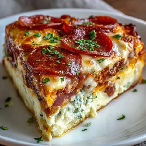 Frisch gebackenes High-Protein Pizza Breakfast Casserole mit Eiern, Gouda und Turkey Pepperoni auf dem Backblech
