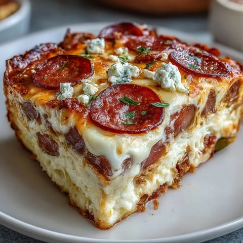 Goldbraunes High-Protein Pizza Breakfast Casserole mit Randei, Pizzaglasur und frischem Basilikum garniert