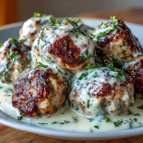 Golden-brown oven baked turkey meatballs glazed in a rich Creamy Garlic Ranch sauce, garnished with fresh parsley.