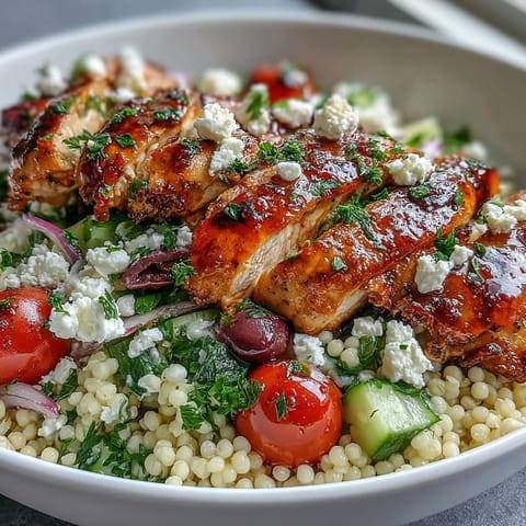 Bright Mediterranean Pearl Couscous Chicken Bowls topped with feta, olives, and parsley.