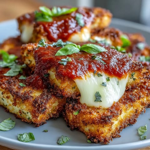 Goldbraun gebackene Crispy Tofu Chicken Parm Bakes mit Tomatensauce und Basilikum.