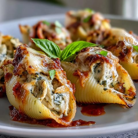Golden baked Pesto Chicken Stuffed Shells Lite in a dish, ready to serve with a crisp green salad.