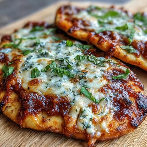 Frische Basilikumblätter auf würzigen Garlic Naan Margherita Pizzas mit blubbernder Tomatensauce und Käse.