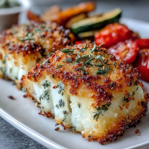 Tender cod filets with golden Parmesan Crusted Sheet Pan Fish alongside zucchini and bell peppers, ready to serve.