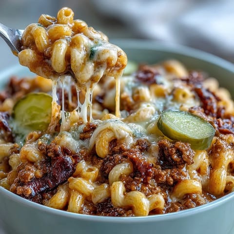 Hearty One-Pan Cheeseburger Chili Mac bubbling in a skillet, garnished with fresh chives.