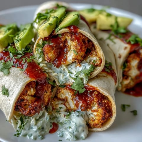 Freshly rolled Vegan Buffalo Cauliflower Wraps with Ranch Slaw and avocado slices on a wooden board.