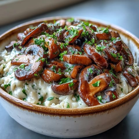 Savory Vegan Mushroom Stroganoff over brown rice in a cozy skillet serving bowl.