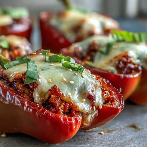 Golden-baked Korean-Style Turkey Stuffed Sweet Peppers with melted mozzarella and sesame seeds on a baking sheet.