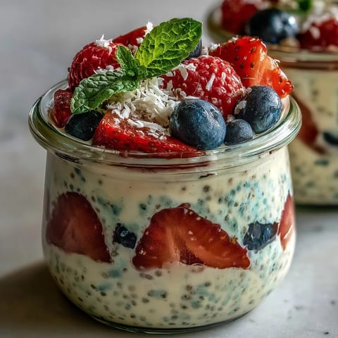 Sommerbeeren-Chia-Pudding-Mahlzeitenzubereitungstassen mit frischen Beeren und cremiger Pudding-Schicht.  