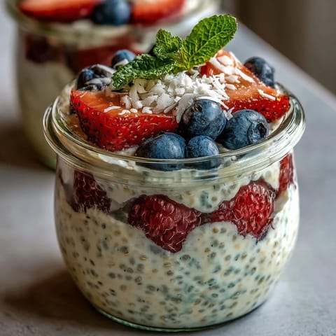 Gesunde, vegane Chia-Pudding-Mahlzeitenzubereitungstassen mit bunten Sommerbeeren obenauf.  