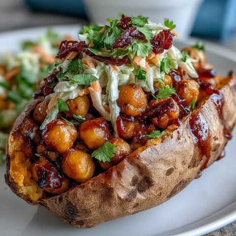 Gefüllte Süßkartoffeln mit BBQ Kichererbsen und frischem, knackigem Krautsalat für ein farbenfrohes veganes Gericht.  