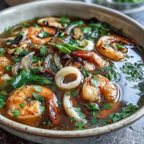 Ein dampfender Topf mit frischem Meeresfrüchten, knackigem Gemüse und aromatischer Brühe, perfekt zum gemeinsamen Genießen.  