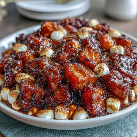 Goldbraune, mit Marshmallows überbackene Yams mit karamellisiertem Zucker und Vanille-Duft.