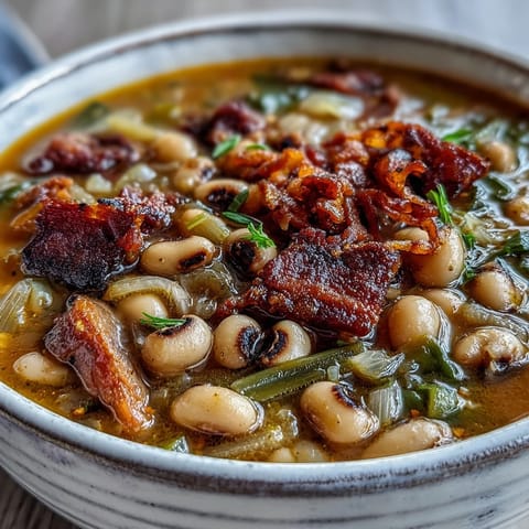1. Herzhafter, südstaaten-inspirierter Ham and Black-Eyed Pea Soup mit rauchigem Schinken und cremigen Erbsen in einer würzigen Brühe.