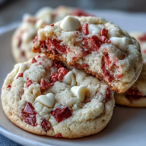 Zarte Erdbeer-Weiß-Schokoladen-Kekse mit rosa Akzenten, perfekt für romantische Anlässe.