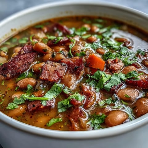 Herzhafte Tex-Mex Suppe mit zartem Schinken, cremigen Pintobohnen und südwestlichen Gewürzen.  