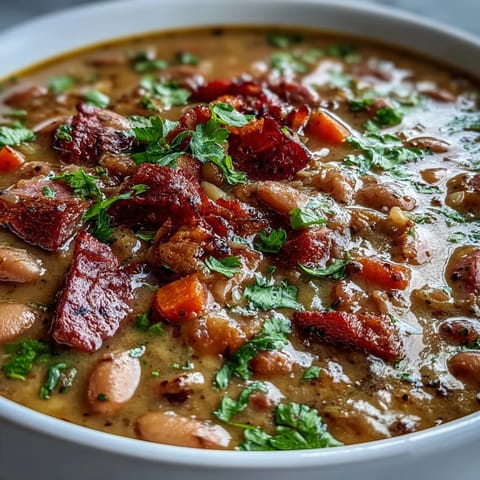 Rauchiger Schinken und Pinto-Bohnen in einer aromatischen Gemüsebrühe mit Paprika und Kreuzkümmel.  