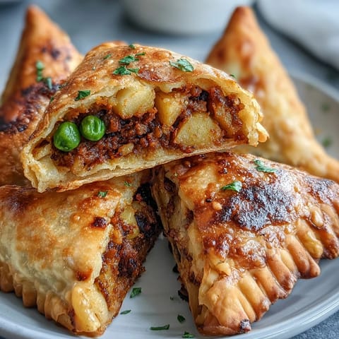 Knusprige Samosas gefüllt mit Kartoffeln, Erbsen und Karotten, dazu ein erfrischendes Minzchutney aus dem Mixer.  