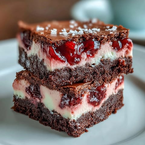 Rote-velvet-Käsekuchen-Brownies mit cremiger Füllung und Schokoladensplittern auf einem Teller.