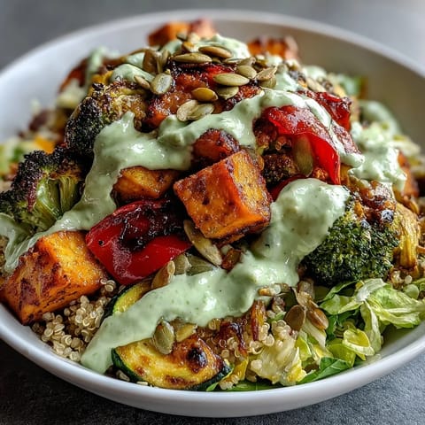 Veganes geröstetes Gemüse-Buddha-Bowl mit cremigem grünen Avocado-Dressing, voller frischer Kräuter und knackigem Gemüse.