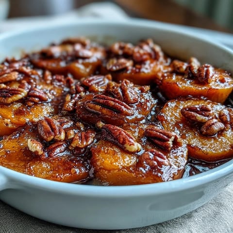 1. Köstliche kandierte Yams mit knusprigen, gerösteten Pekannüssen – ein perfektes Beilagen-Gericht für festliche Mahlzeiten.