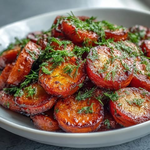 2. Zarte Karotten in einer glänzenden Orangen-Honig-Glasur, verfeinert mit frischem Dill für ein lebendiges, geschmackvolles Gericht.  