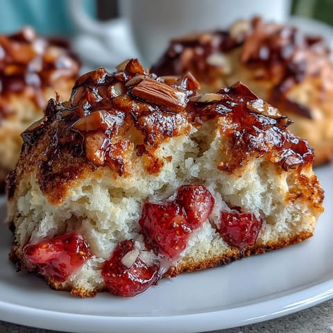 Goldbraune Scones mit frischen Erdbeeren und knusprigen Mandelblättchen, hergestellt mit aromatisiertem braunem Butter für einen reichhaltigen, nussigen Geschmack.