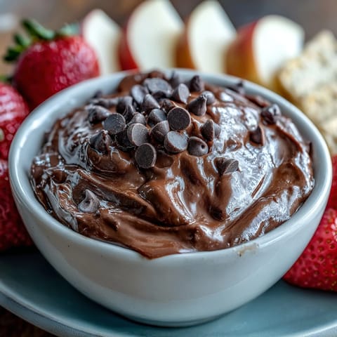 Cottage Cheese Brownie Batter Dip mit frischen Früchten als Dipp - cremige, schokoladige Köstlichkeit mit Beeren und Apfelscheiben.