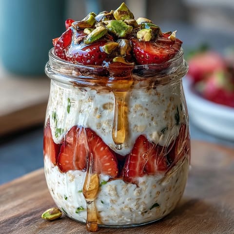 Erdbeer-Pistazien-Übernacht-Müsli mit Honig: cremige Haferflocken mit frischen Erdbeeren und knackigen Pistazien, über Nacht im Kühlschrank.