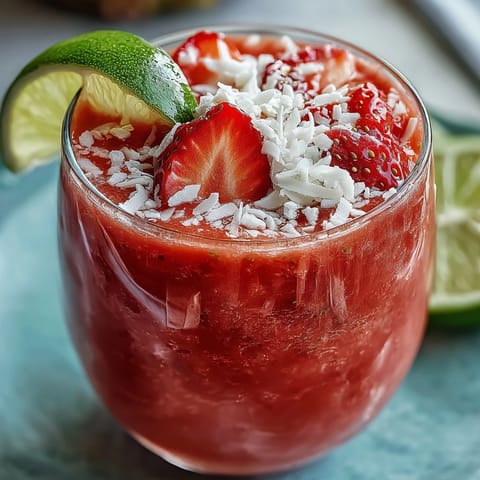 1. Ein erfrischender Erdbeer-Kokos-Daiquiri-Smoothie mit gefrorenen Erdbeeren, cremiger Kokosmilch und einem Hauch Limette.