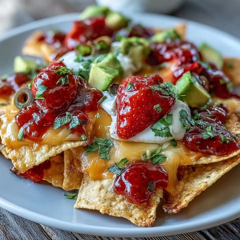 Ein festlicher Teller mit knusprigen Tortilla-Chips, fruchtiger Erdbeersalsa und klassischen Nacho-Toppings, perfekt für Sommerpartys.