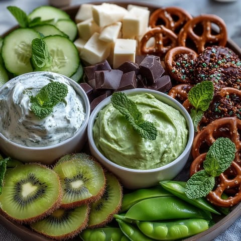 Festlicher Snack-Teller mit grünen Leckereien zum St. Patrick's Day, gefüllt mit frischem Obst, Gemüse und süßen Leckereien.