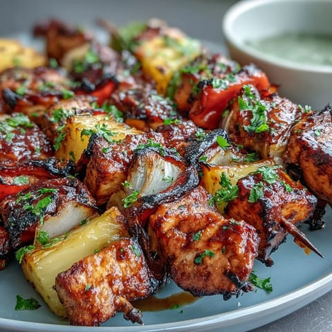 Grillspieße mit saftigem Hähnchenfleisch, süßer Ananas und buntem Paprika, perfekt für Sommergrillen.