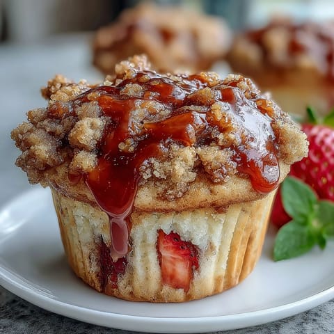 Strawberry Muffins mit Streuselhaube: goldene, flaumige Muffins voller frischer Erdbeeren und knuspriger Streuselhaube.  