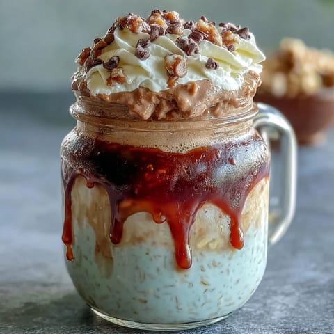Ein cremiges Vanille-Bohnen-Frappuccino-Übernachtungs-Oats-Dessert im Glas mit Schlagsahne und Schokoladenspänen.