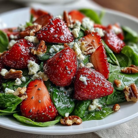 Frischer Erdbeer-Spinat-Salat mit Mohnsamen-Dressing: bunter Teller mit Spinat, Erdbeeren, Feta und Pecannüssen.