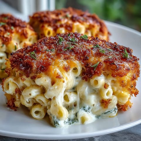 Klassisches Soul Food gebackener Mac and Cheese mit goldener, knuspriger Kruste.