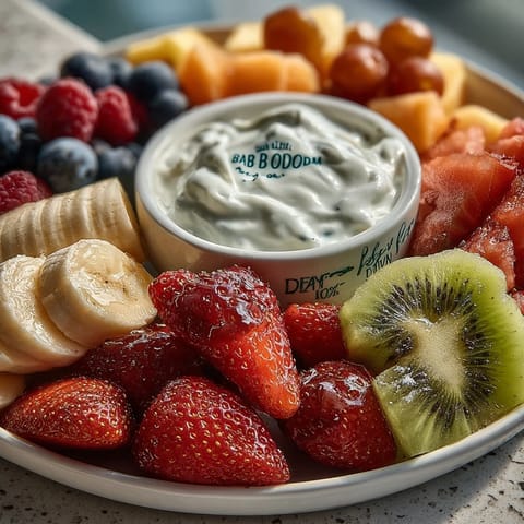 Eine lebendige Obstplatte in floraler Anordnung mit Joghurt-Dip, perfekt für Baby-Shower oder Frühlingsfeiern.