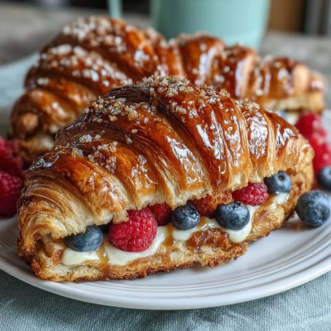 Buttery Croissant French Toast Casserole mit frischen Beeren, goldbraun gebacken und mit Puderzucker bestäubt.  