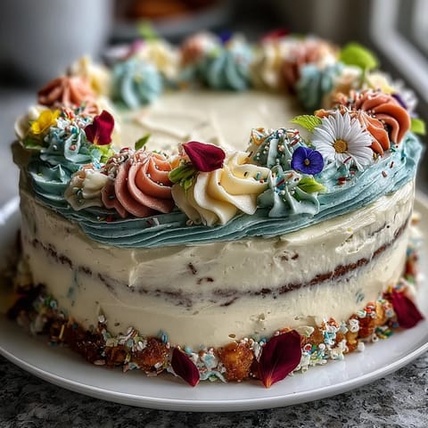 Spring Geburtstagskuchen mit pastellfarbenem floralem Buttercreme-Design
