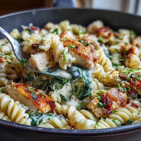 Ein-Pfanne-Lemon-Orzo mit Hühnchen und Spinat mit zartem Hühnchen, cremigem Orzo, frischem Spinat und Zitronenaroma in einer Pfanne.