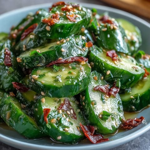 Knackiger Salat mit zerbrochenen Gurken, garniert mit Knoblauch-Chili-Öl und frischem Koriander.  