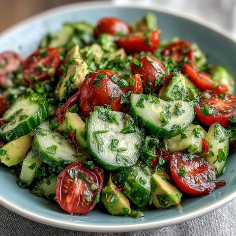 1. Frischer Gurken-Tomaten-Avocado-Salat mit Zitronendressing, garniert mit Petersilie und roter Zwiebel.