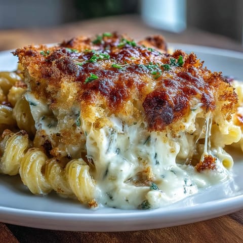 Gebackener Mac and Cheese mit würzigem Gruyère und goldbrauner Paniermehlhaube.  